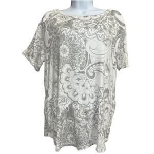 Onque Casual PXL Top Gray White Floral Paisley Soft Stretch Waist Pocket T-Shirt